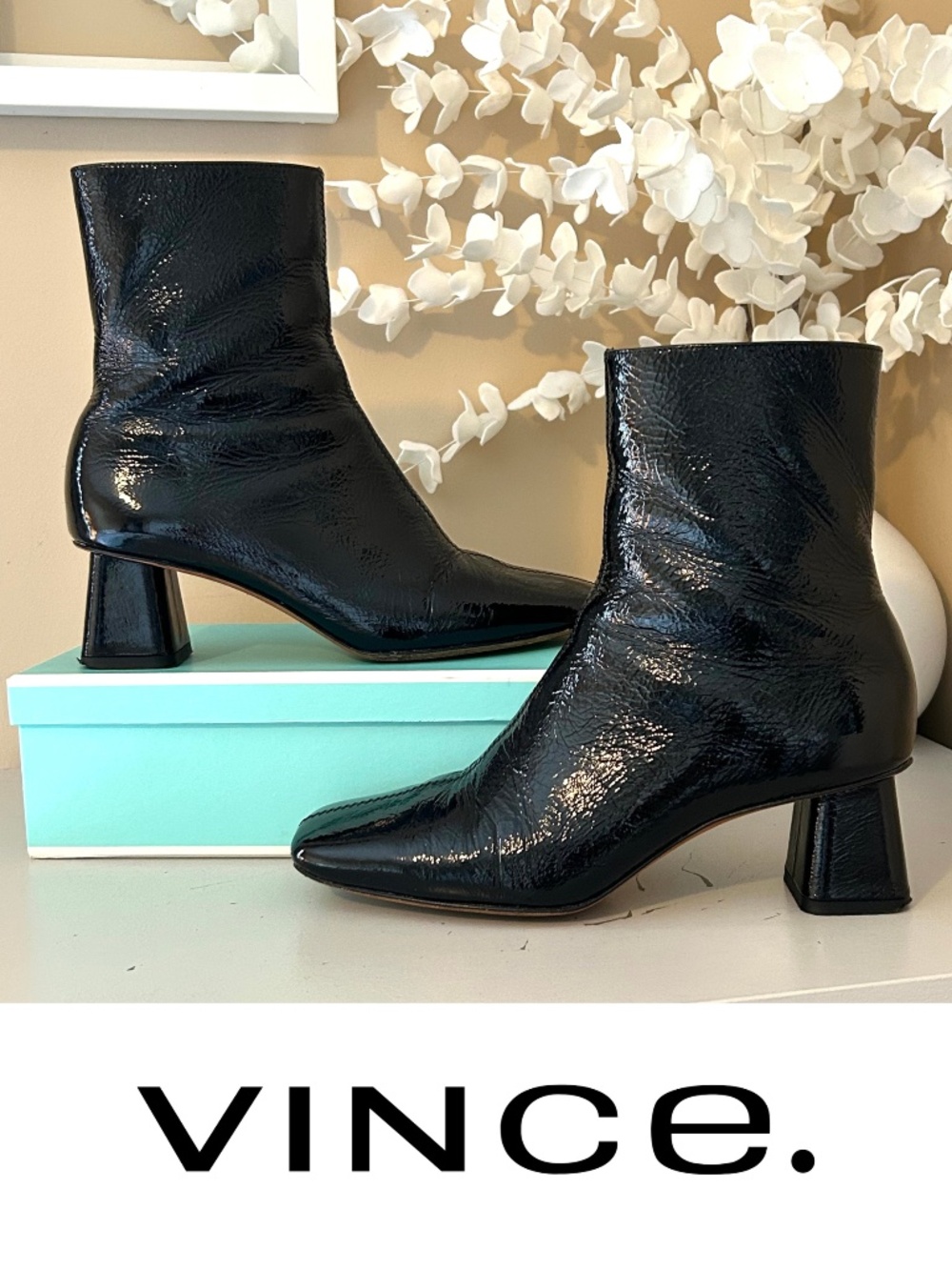 Vince. Koren Square Toe Black Crinkle Patent Leather Ankle Boot Size 6.5